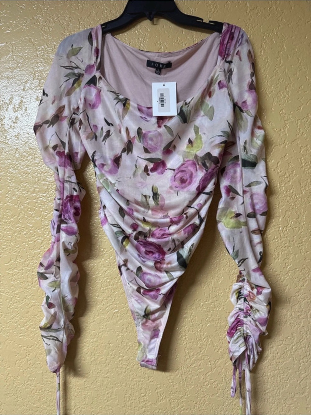 Fore Pink Floral Ruched Long-Sleeve Bodysuit